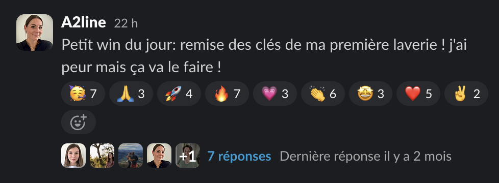 Message de A2line dans la communauté Liberty Cashflow : remise des clés de sa première laverie