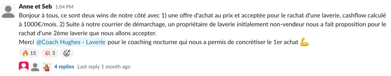Message de Anne & Seb dans la communauté Liberty Cashflow : offre acceptée pour une laverie avec 1 000 € de cash-flow mensuel calculé, et proposition pour une deuxième