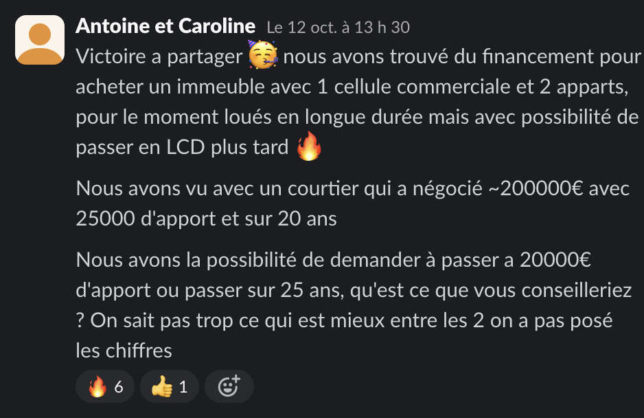 Message de Antoine & Caroline dans la communauté Liberty Cashflow : financement trouvé pour un immeuble avec une cellule commerciale et deux appartements