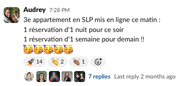 Message de Audrey dans la communauté Liberty Cashflow : troisième appartement en sous-location mis en ligne, deux réservations le jour même