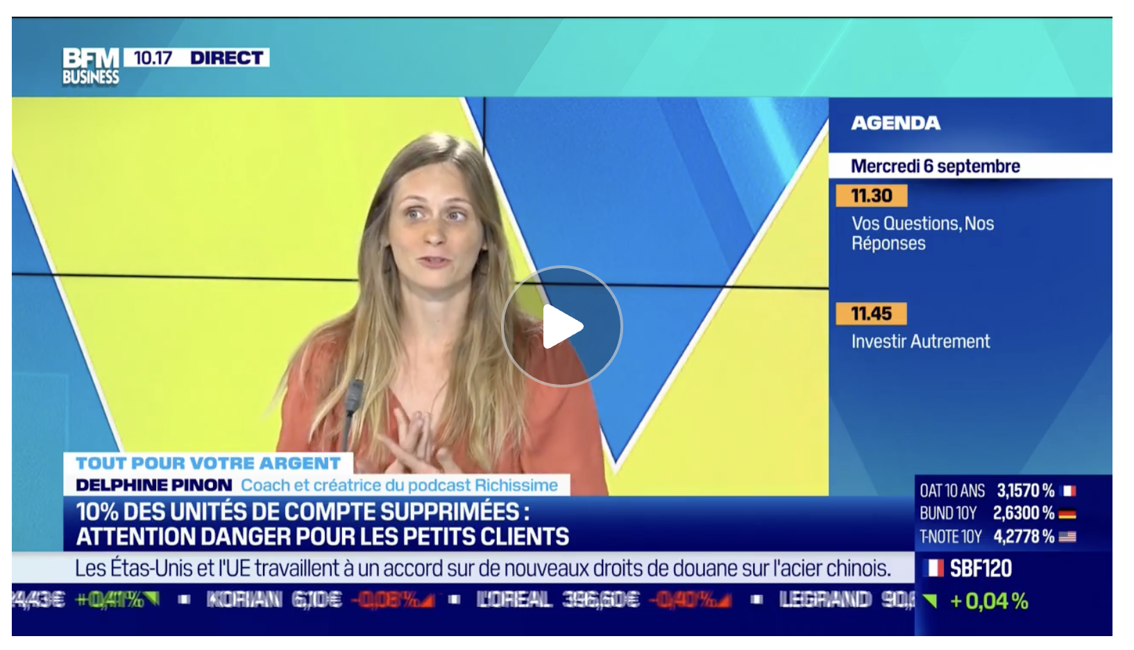 Delphine Pinon en direct sur BFM Business, présentée comme créatrice du podcast Richissime
