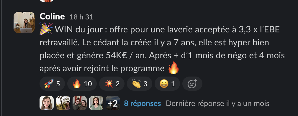 Message de Coline dans la communauté Liberty Cashflow : offre acceptée pour une laverie à 3,3 fois l'EBE, générant 54 000 € par an