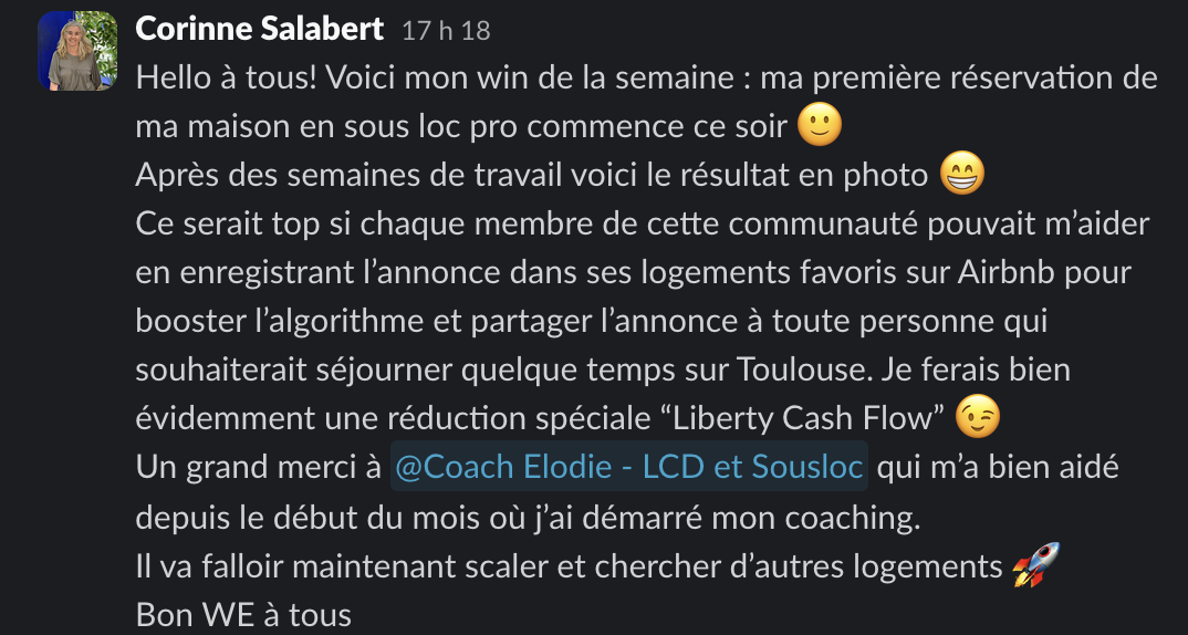 Message de Corinne dans la communauté Liberty Cashflow : première réservation de sa maison en sous-location professionnelle