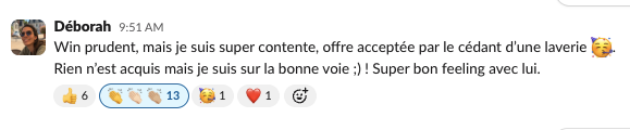 Message de Déborah dans la communauté Liberty Cashflow : offre acceptée par le cédant d'une laverie