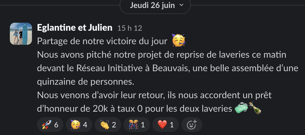 Message de Eglantine & Julien dans la communauté Liberty Cashflow : prêt d'honneur de 20 000 € à taux zéro accordé pour leurs deux laveries