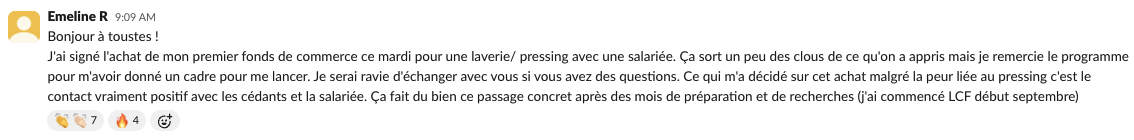 Message de Emeline dans la communauté Liberty Cashflow : achat de son premier fonds de commerce, une laverie-pressing avec une salariée