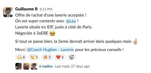 Message de Guillaume & Léa dans la communauté Liberty Cashflow : offre de rachat d'une laverie en Île-de-France acceptée, négociée à 3 fois l'EBE