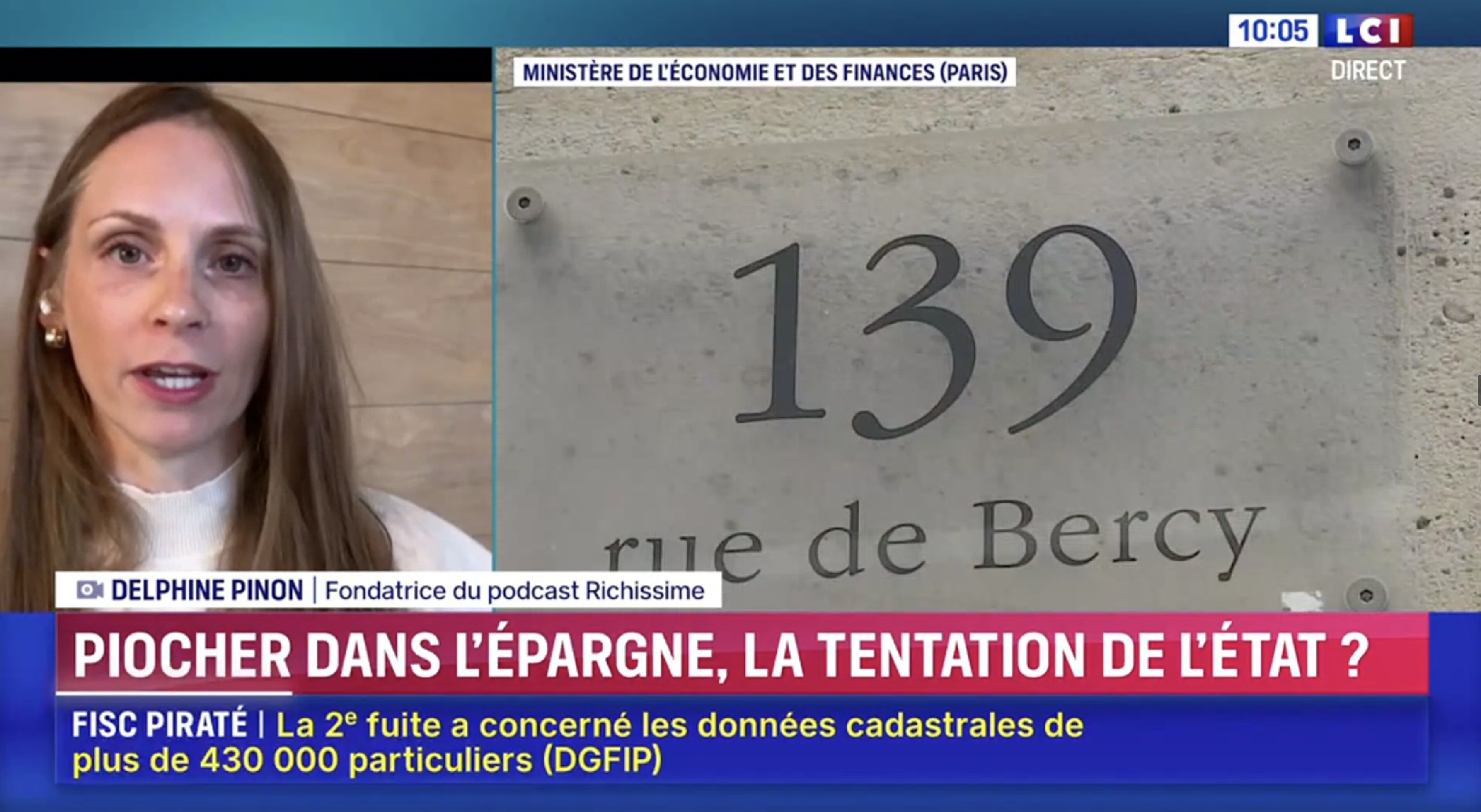 Delphine Pinon en direct sur LCI, présentée comme fondatrice du podcast Richissime