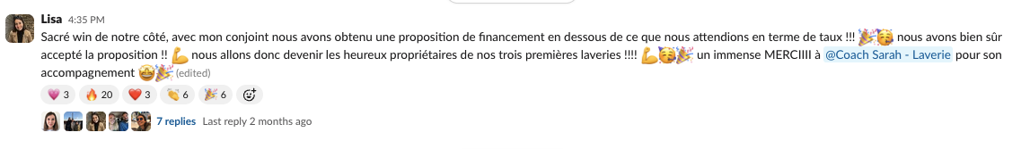 Message de Lisa dans la communauté Liberty Cashflow : financement obtenu sous le taux attendu pour leurs trois premières laveries