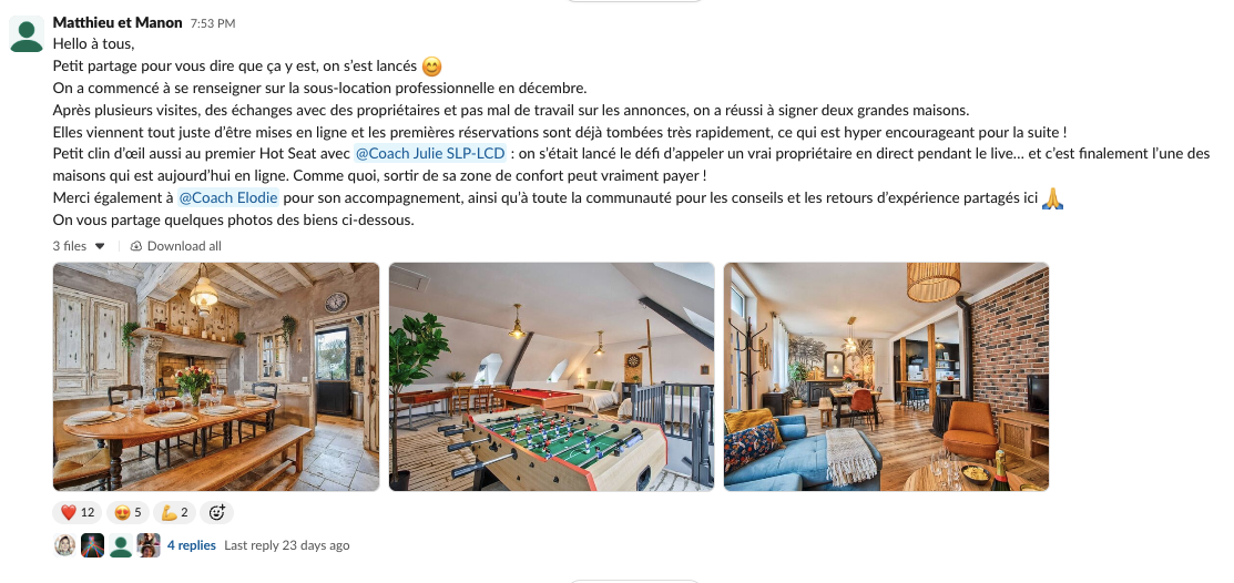 Message de Matthieu & Manon dans la communauté Liberty Cashflow : deux grandes maisons signées en sous-location professionnelle, premières réservations tombées