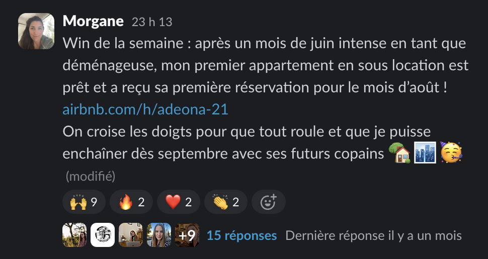 Message de Morgane dans la communauté Liberty Cashflow : premier appartement en sous-location prêt, première réservation reçue