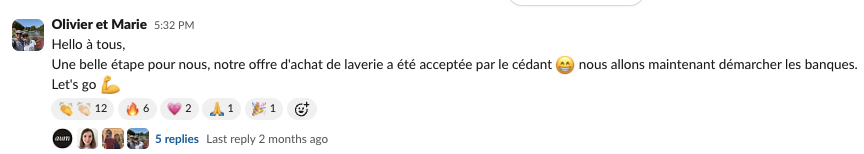 Message de Olivier & Marie dans la communauté Liberty Cashflow : offre d'achat de laverie acceptée par le cédant