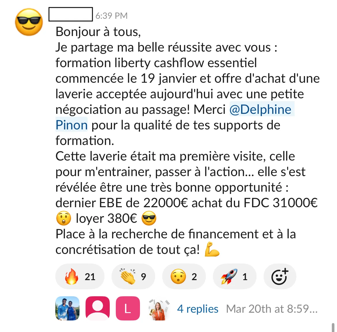 Capture d'un message partagé par un membre de Liberty Cashflow