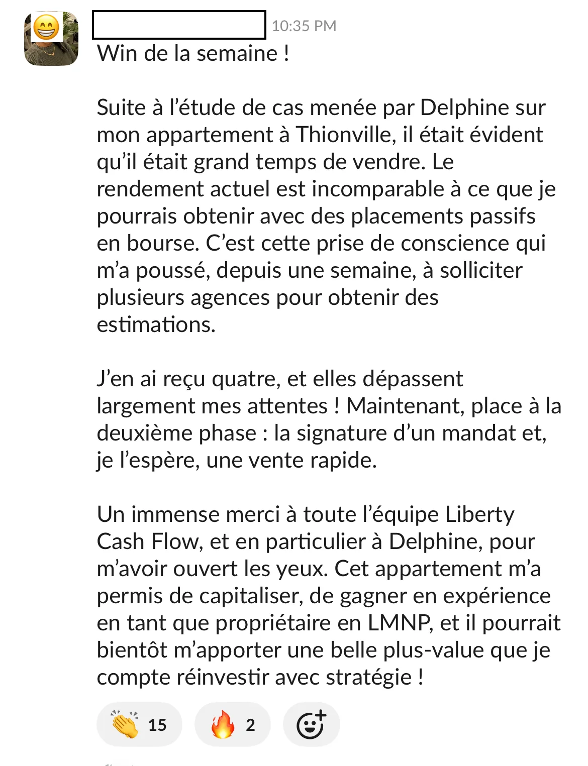 Capture d'un message partagé par un membre de Liberty Cashflow