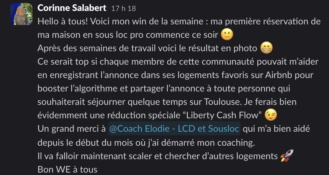Capture d'un message partagé par un membre de Liberty Cashflow