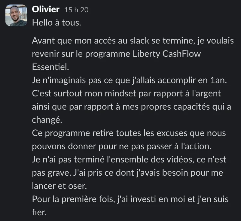 Capture d'un message partagé par un membre de Liberty Cashflow