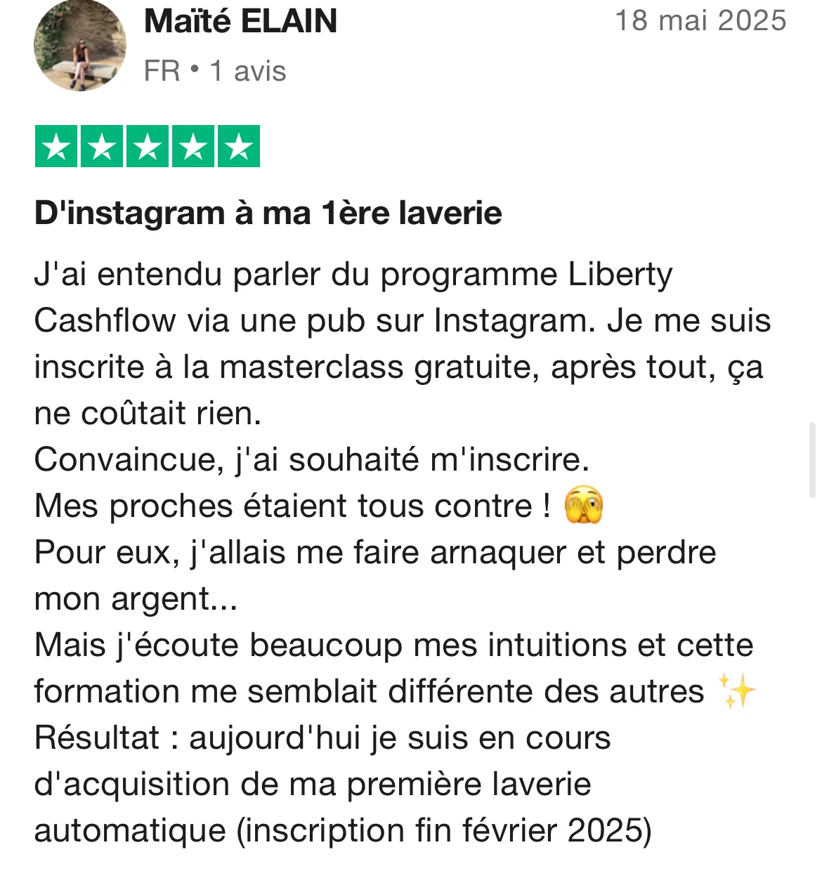 Capture d'un message partagé par un membre de Liberty Cashflow