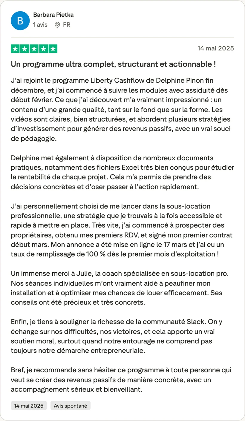 Capture d'un message partagé par un membre de Liberty Cashflow