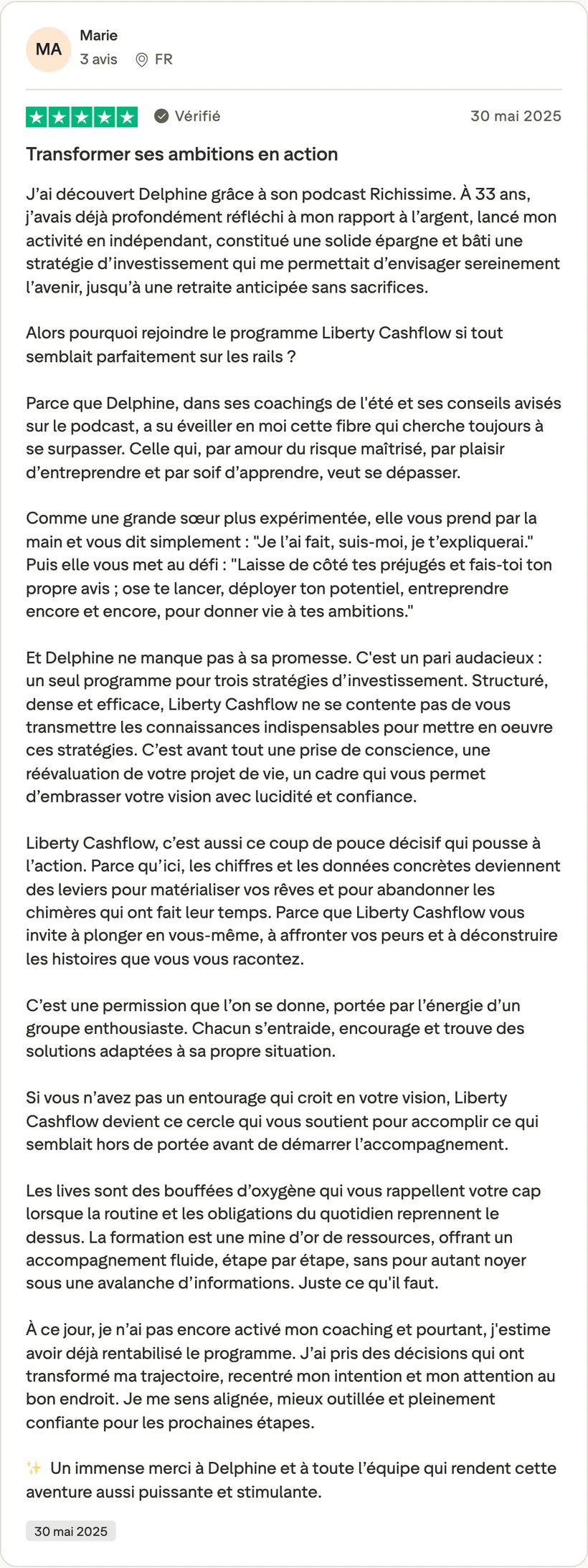Capture d'un message partagé par un membre de Liberty Cashflow