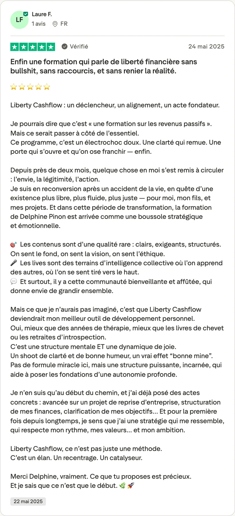 Capture d'un message partagé par un membre de Liberty Cashflow