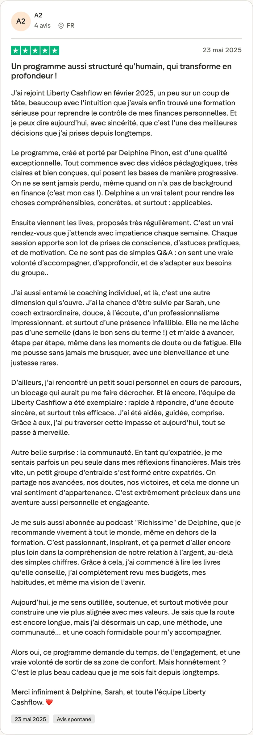 Capture d'un message partagé par un membre de Liberty Cashflow