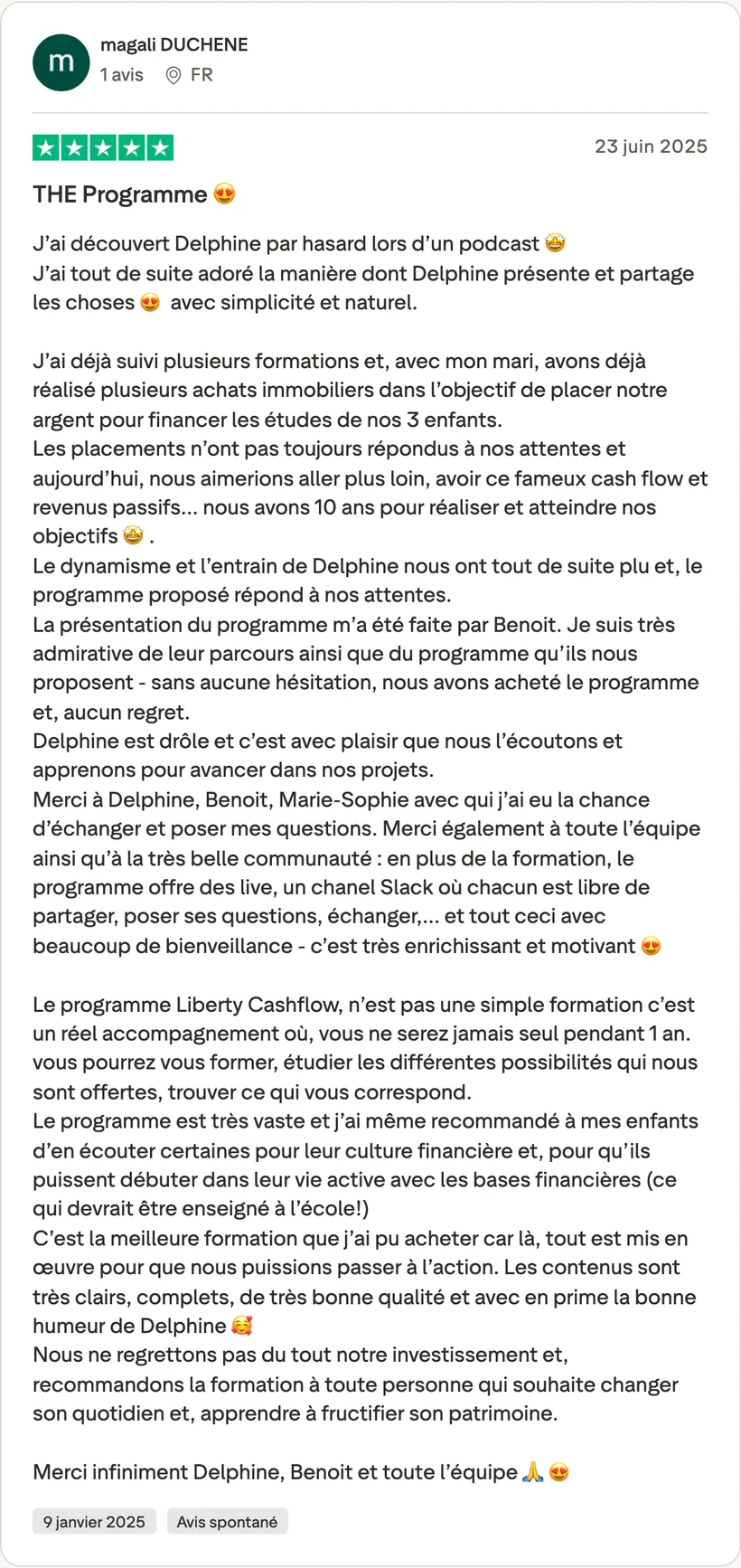 Capture d'un message partagé par un membre de Liberty Cashflow
