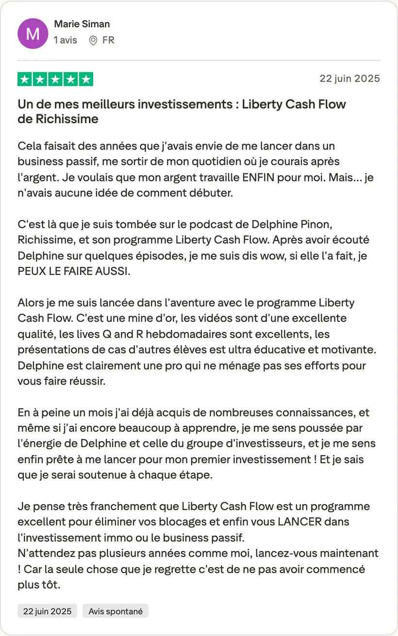Capture d'un message partagé par un membre de Liberty Cashflow