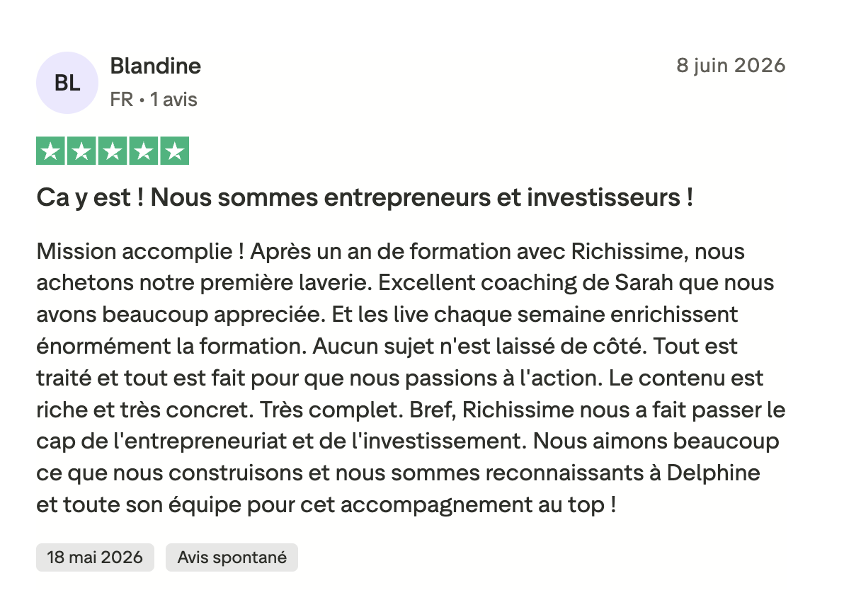Avis Trustpilot 5 étoiles de Blandine : achat de leur première laverie
