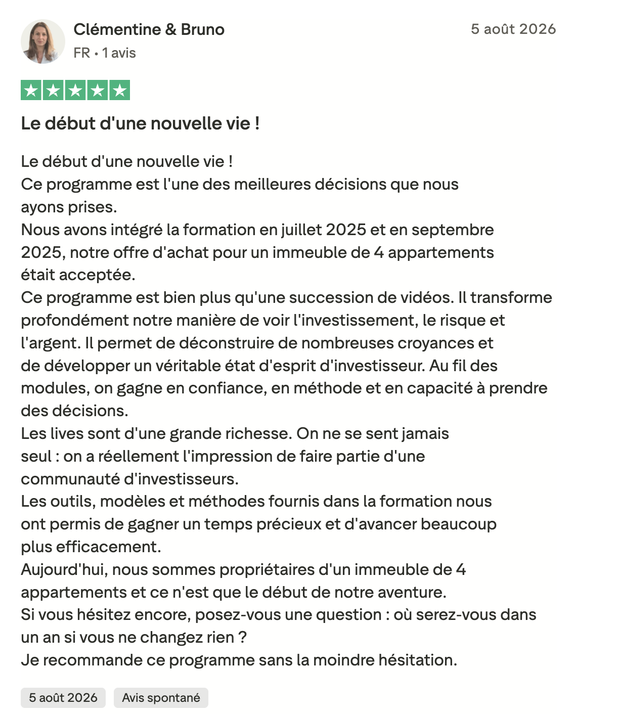 Avis Trustpilot 5 étoiles de Clémentine & Bruno : le début d'une nouvelle vie, propriétaires d'un immeuble de 4 appartements