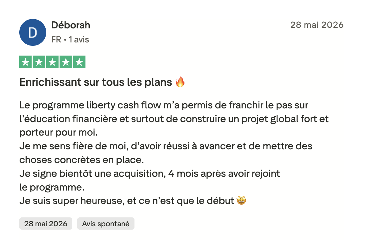 Avis Trustpilot 5 étoiles de Déborah : acquisition en signature 4 mois après avoir rejoint le programme
