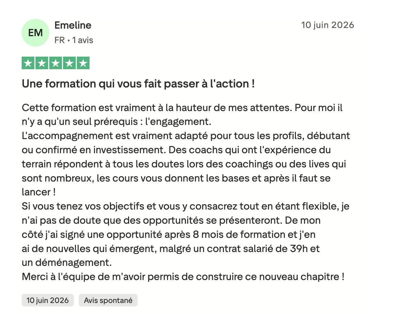 Avis Trustpilot 5 étoiles de Emeline : un accompagnement qui fait passer à l'action