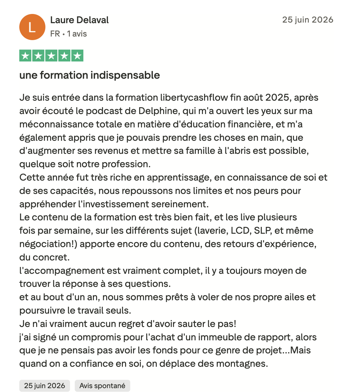Avis Trustpilot 5 étoiles de Laure : compromis signé pour l'achat d'un immeuble de rapport