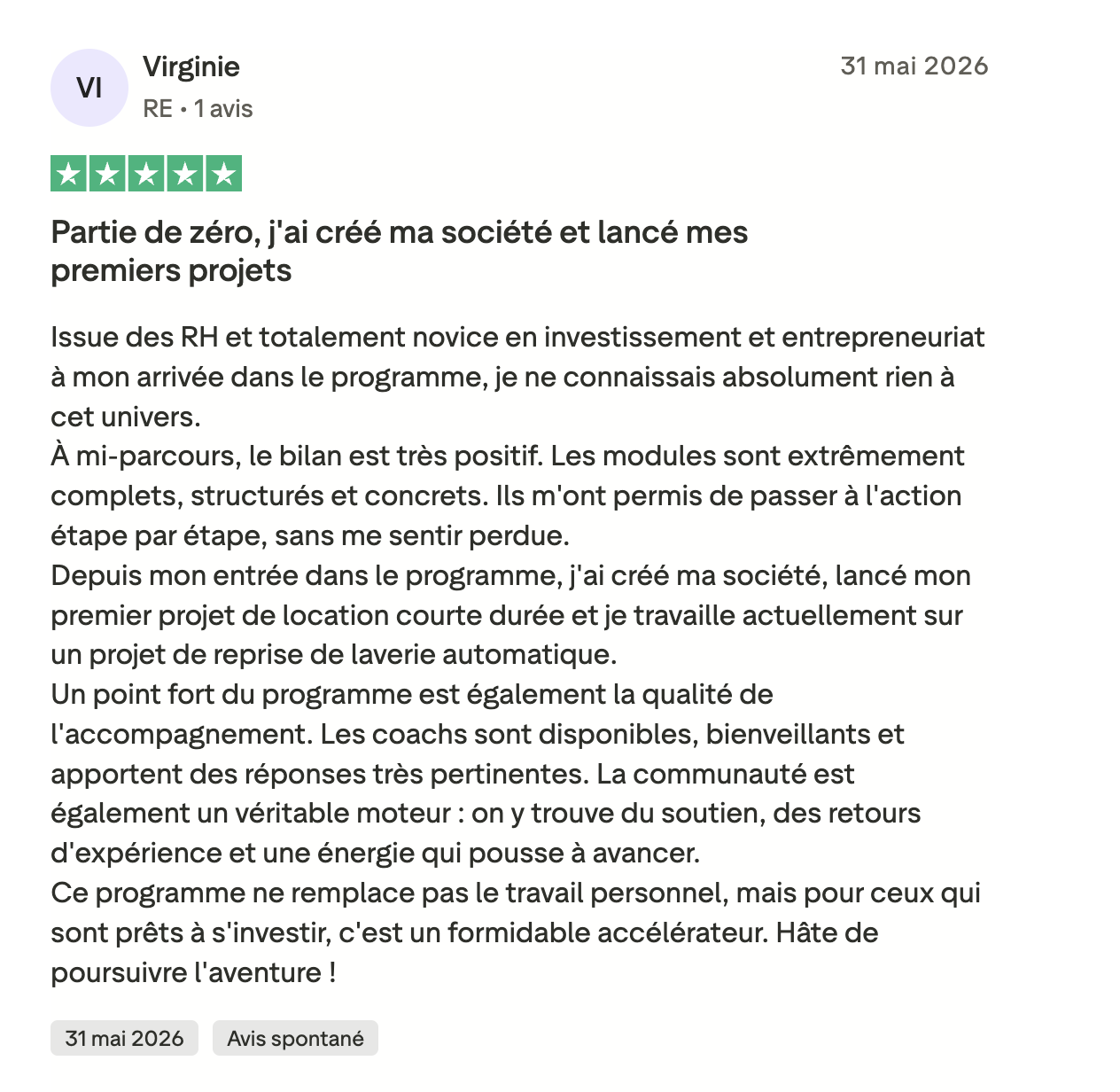 Avis Trustpilot 5 étoiles de Virginie : partie de zéro, société créée et premiers projets lancés