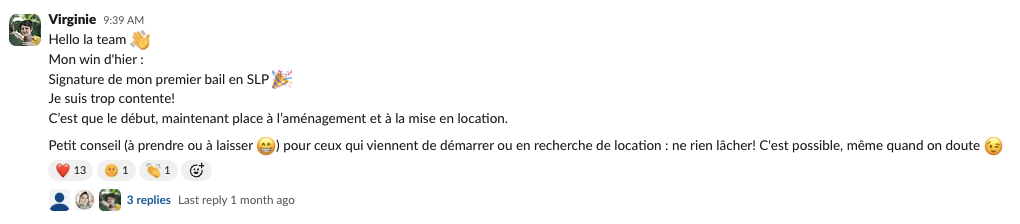 Message de Virginie dans la communauté Liberty Cashflow : signature de son premier bail en sous-location professionnelle