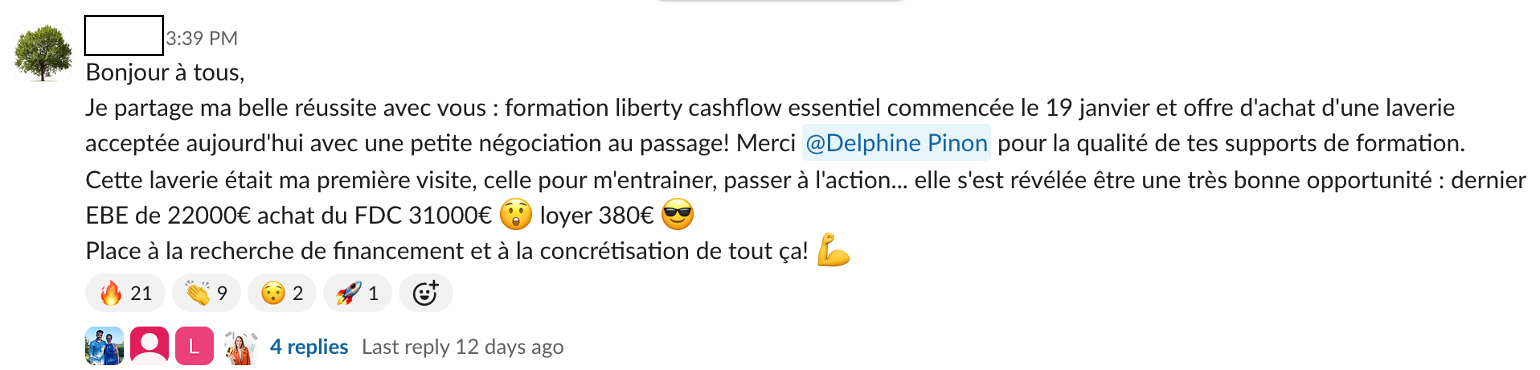 Message de Membre Liberty Cashflow dans la communauté Liberty Cashflow : offre d'achat de laverie acceptée, dernier EBE de 22 000 € pour un fonds acheté 31 000 €