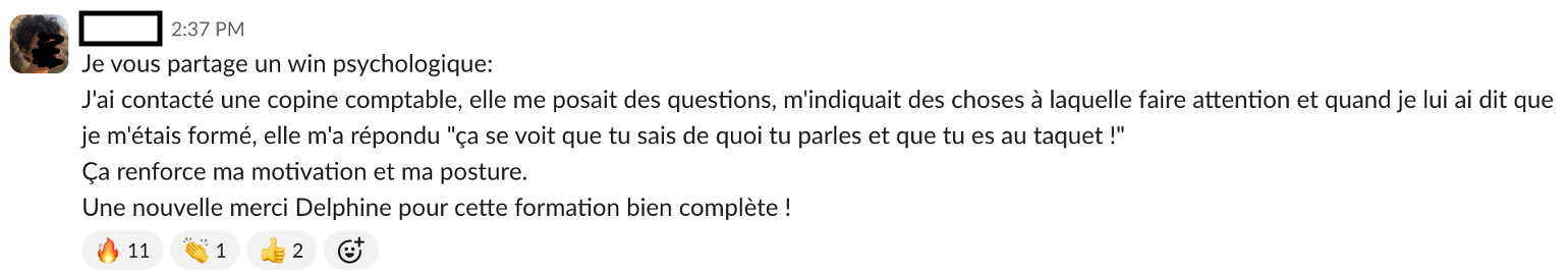 Message de Membre Liberty Cashflow dans la communauté Liberty Cashflow : une amie comptable lui confirme qu'il maîtrise son sujet