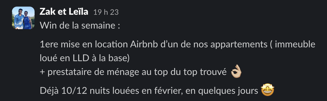 Message de Zak & Leïla dans la communauté Liberty Cashflow : premier appartement en location courte durée, 10 nuits sur 12 louées en quelques jours