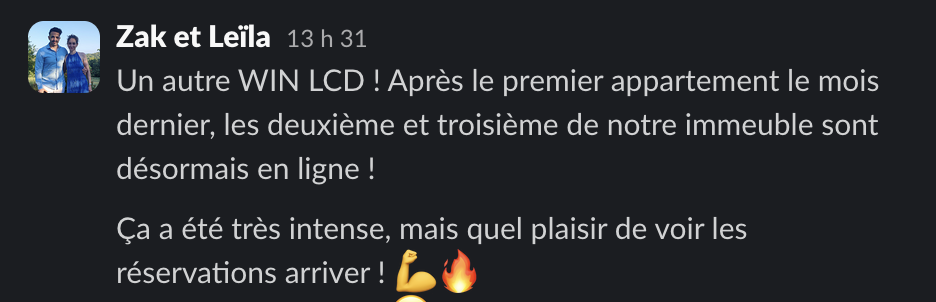 Message de Zak & Leïla dans la communauté Liberty Cashflow : deuxième et troisième appartements de leur immeuble mis en ligne en location courte durée